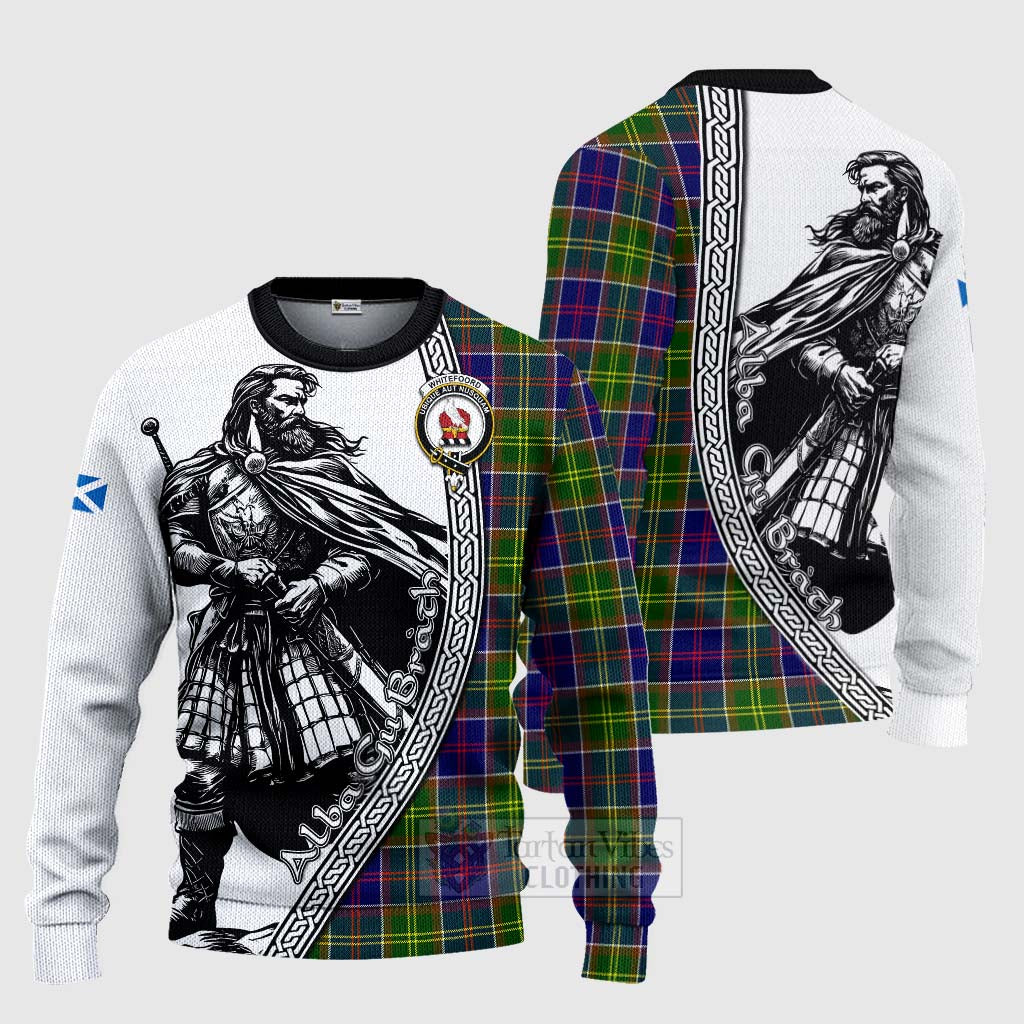 Tartan Vibes Clothing Whitefoord Tartan Clan Crest Knitted Sweater with Highlander Warrior Celtic Style