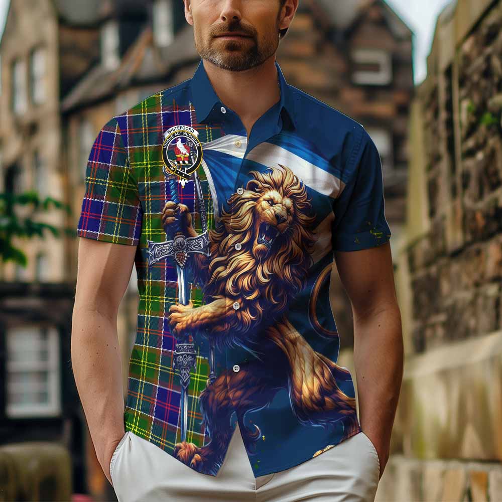 Tartan Vibes Clothing Whitefoord Tartan Family Crest Short Sleeve Button Shirt with Scottish Majestic Lion