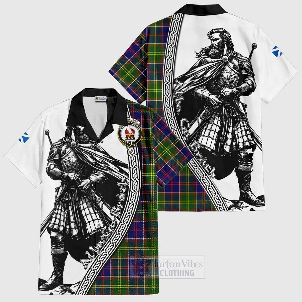 Tartan Vibes Clothing Whitefoord Tartan Clan Crest Short Sleeve Button Shirt with Highlander Warrior Celtic Style