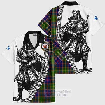 Whitefoord Tartan Clan Crest Short Sleeve Button Shirt with Highlander Warrior Celtic Style