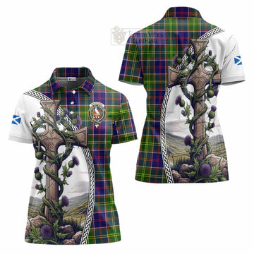 Whitefoord Tartan Women's Polo Shirt with Family Crest and St. Andrew's Cross Accented by Thistle Vines