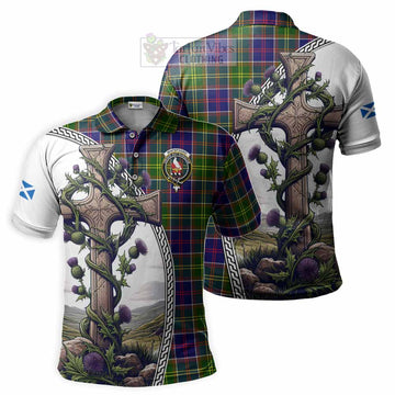 Whitefoord Tartan Polo Shirt with Family Crest and St. Andrew's Cross Accented by Thistle Vines