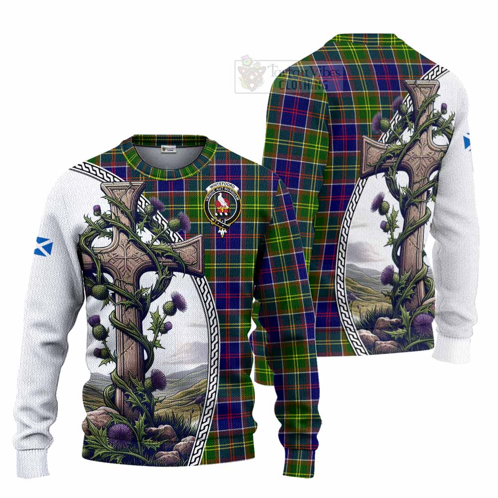 Tartan Vibes Clothing Whitefoord Tartan Knitted Sweater with Family Crest and St. Andrew's Cross Accented by Thistle Vines