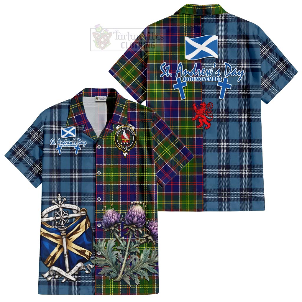 Tartan Vibes Clothing Whitefoord Tartan Short Sleeve Button Shirt Happy St. Andrew's Day Half Tartan Style