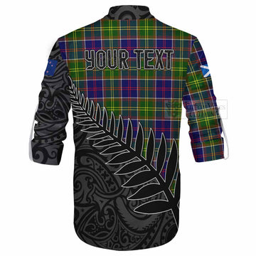 Whitefoord Crest Tartan Ghillie Kilt Shirt with New Zealand Silver Fern Half Style - Tartan Vibes Clothing