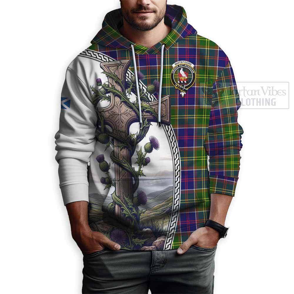 Tartan Vibes Clothing Whitefoord Tartan Hoodie with Family Crest and St. Andrew's Cross Accented by Thistle Vines