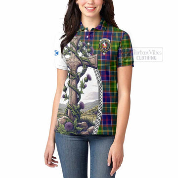 Whitefoord Tartan Women's Polo Shirt with Family Crest and St. Andrew's Cross Accented by Thistle Vines