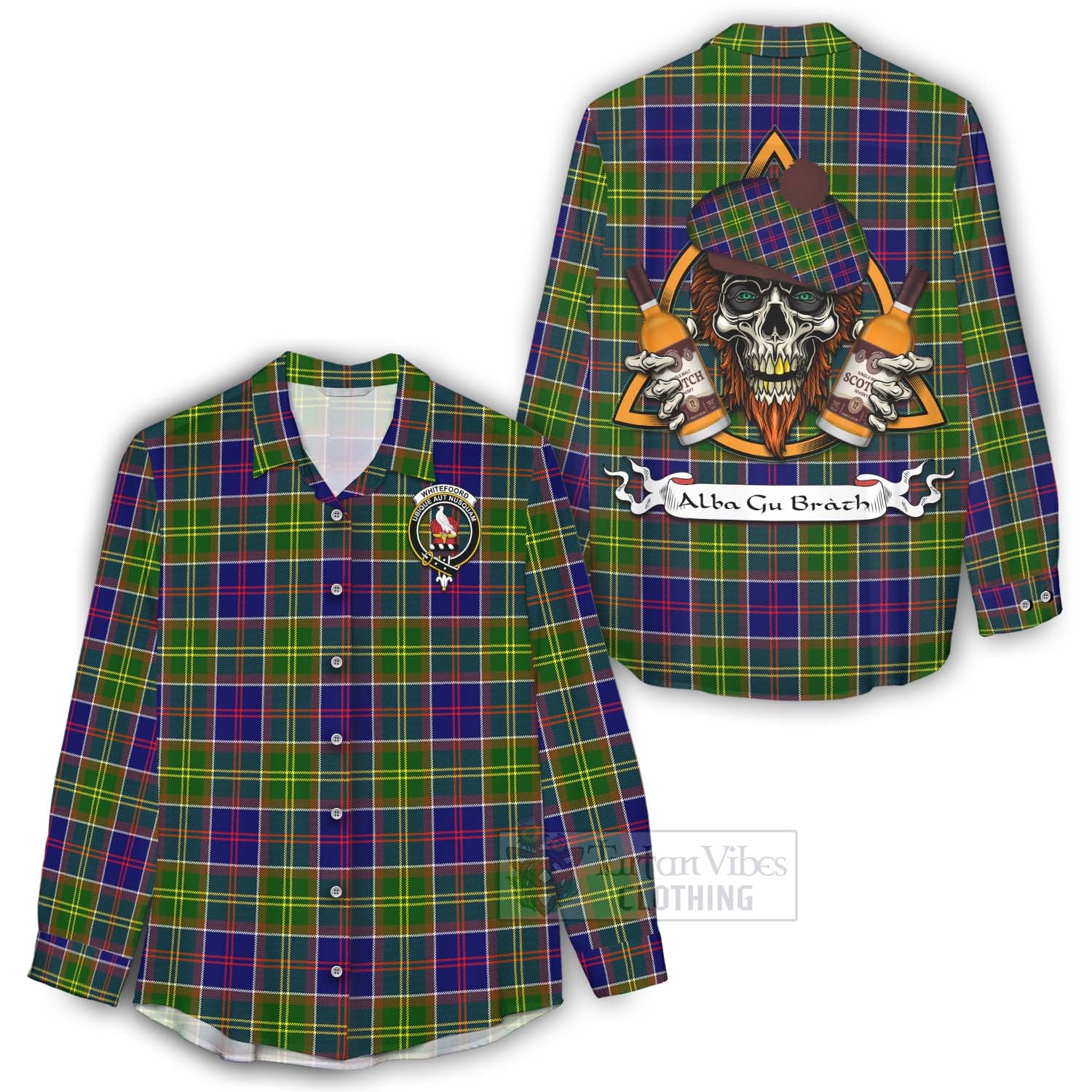 Tartan Vibes Clothing Whitefoord Tartan Women's Casual Shirt with Family Crest and Bearded Skull Holding Bottles of Whiskey