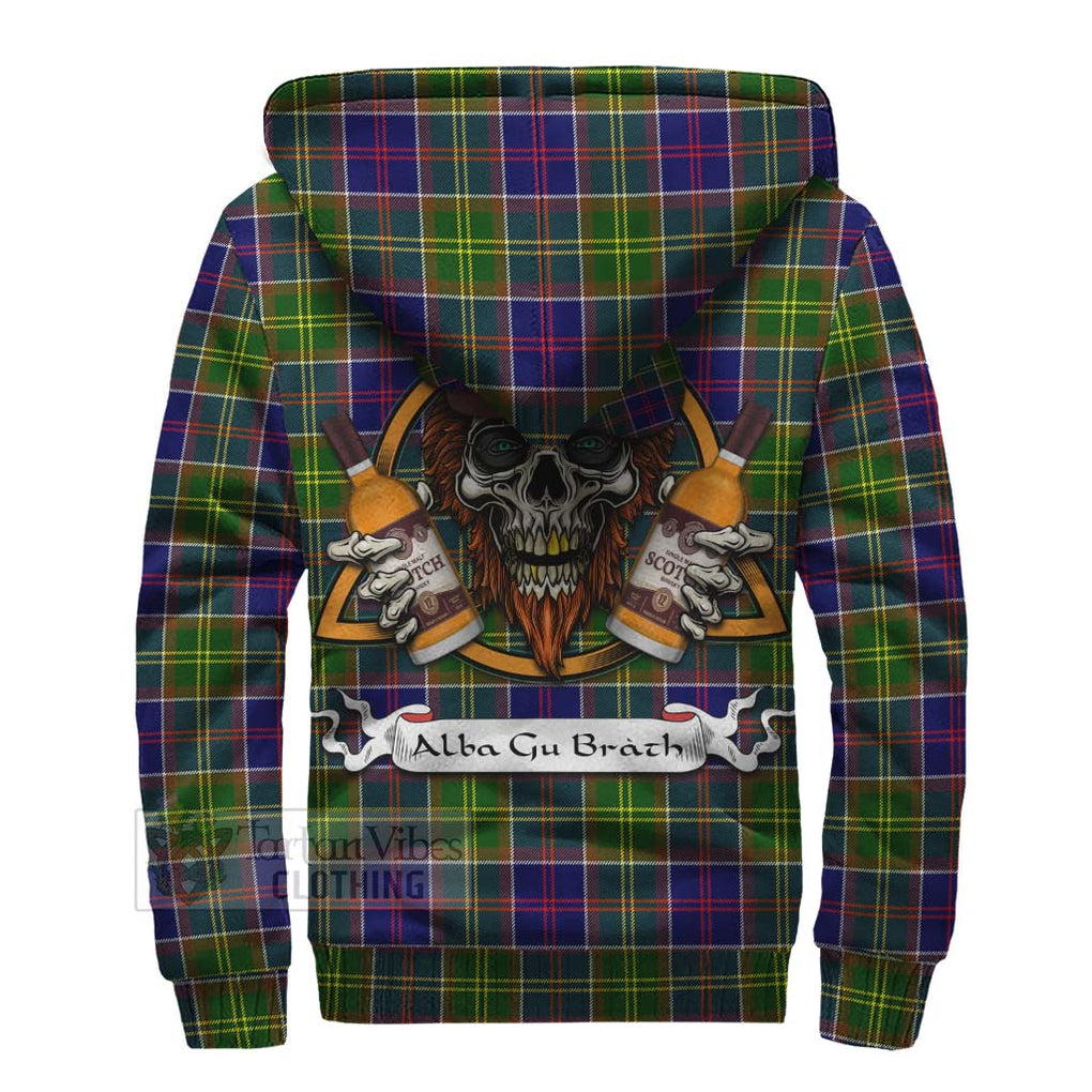 Tartan Vibes Clothing Whitefoord Tartan Sherpa Hoodie with Family Crest and Bearded Skull Holding Bottles of Whiskey