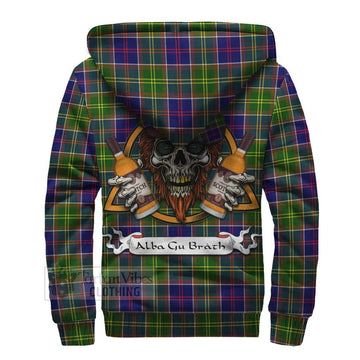 Whitefoord Tartan Sherpa Hoodie with Family Crest and Bearded Skull Holding Bottles of Whiskey