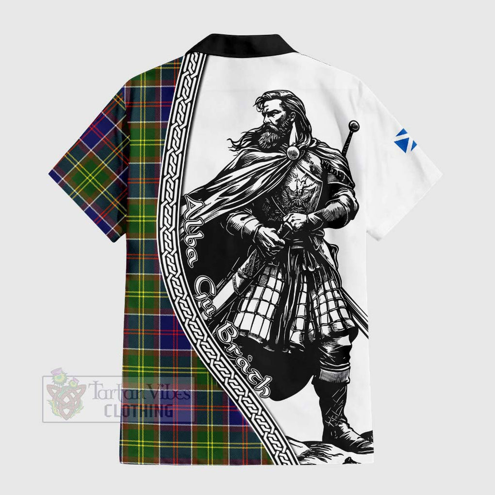 Tartan Vibes Clothing Whitefoord Tartan Clan Crest Short Sleeve Button Shirt with Highlander Warrior Celtic Style