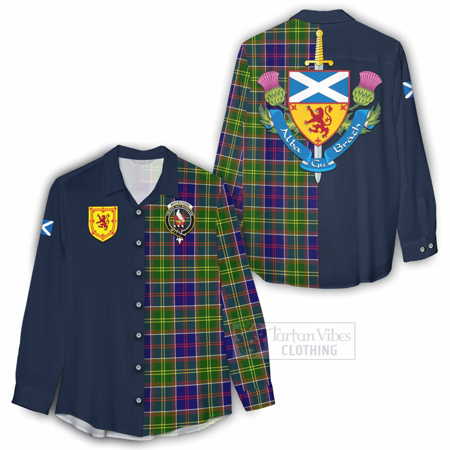 Tartan Vibes Clothing Whitefoord Tartan Women's Casual Shirt Alba with Scottish Lion Royal Arm Half Style