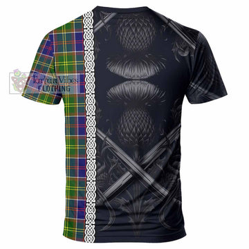 Whitefoord Tartan T-Shirt with Family Crest Cross Sword Thistle Celtic Vibes