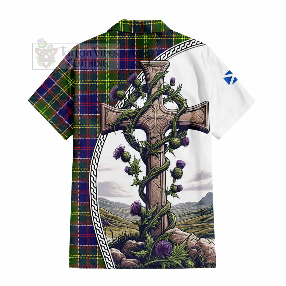 Tartan Vibes Clothing Whitefoord Tartan Short Sleeve Button Shirt with Family Crest and St. Andrew's Cross Accented by Thistle Vines