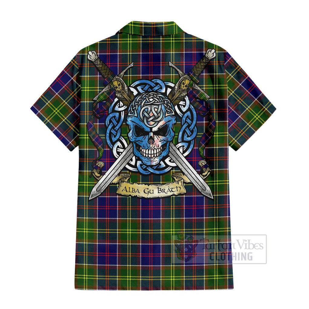 Tartan Vibes Clothing Whitefoord Tartan Short Sleeve Button Shirt with Family Crest Celtic Skull Style