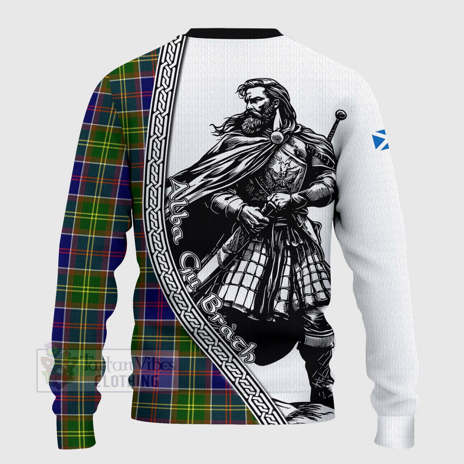 Tartan Vibes Clothing Whitefoord Tartan Clan Crest Knitted Sweater with Highlander Warrior Celtic Style