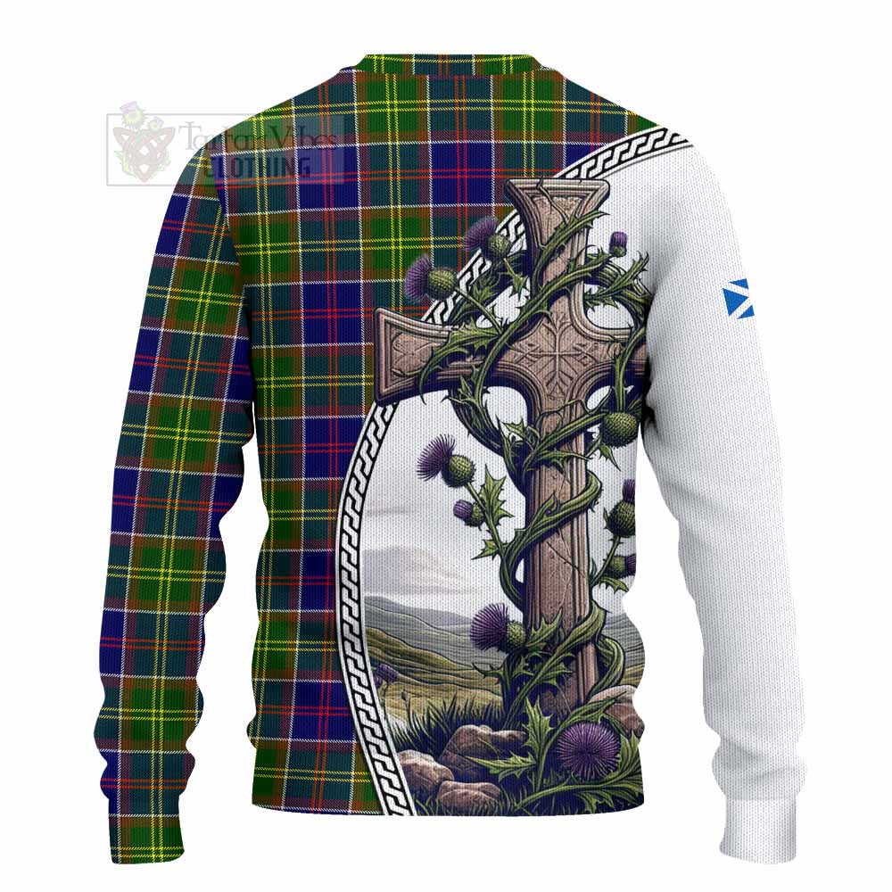 Tartan Vibes Clothing Whitefoord Tartan Knitted Sweater with Family Crest and St. Andrew's Cross Accented by Thistle Vines