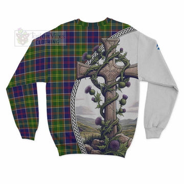 Whitefoord Tartan Sweatshirt with Family Crest and St. Andrew's Cross Accented by Thistle Vines