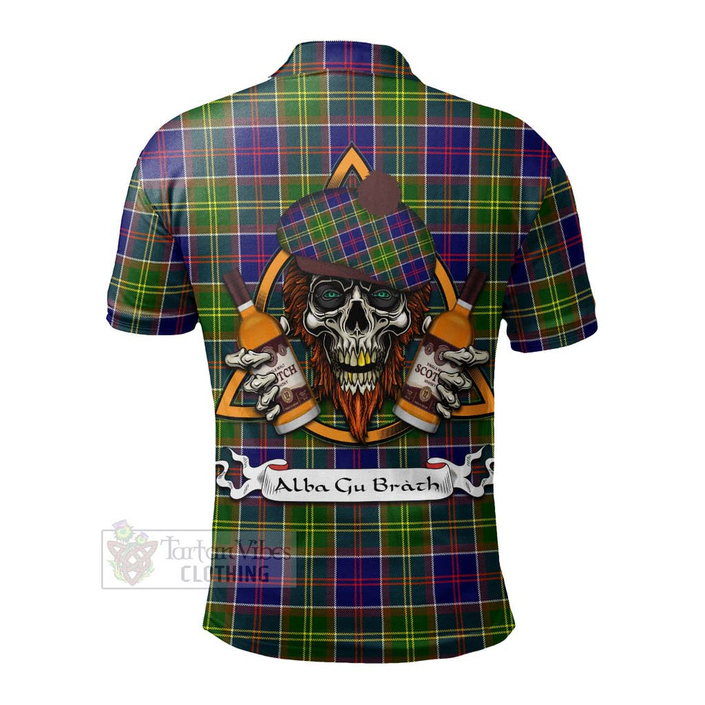 Tartan Vibes Clothing Whitefoord Tartan Polo Shirt with Family Crest and Bearded Skull Holding Bottles of Whiskey