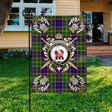 Whitefoord Tartan Flag with Family Crest and Golden Thistle Crossed Sword Design