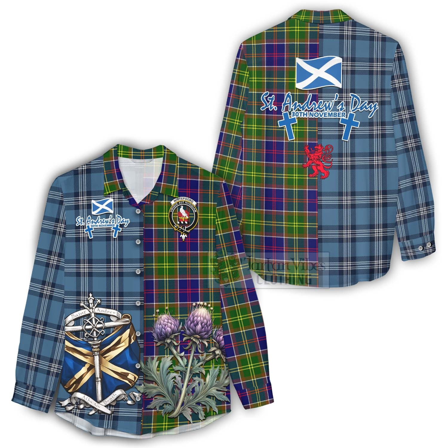 Tartan Vibes Clothing Whitefoord Tartan Women's Casual Shirt Happy St. Andrew's Day Half Tartan Style