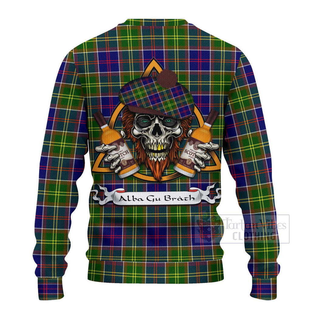 Tartan Vibes Clothing Whitefoord Tartan Knitted Sweater with Family Crest and Bearded Skull Holding Bottles of Whiskey