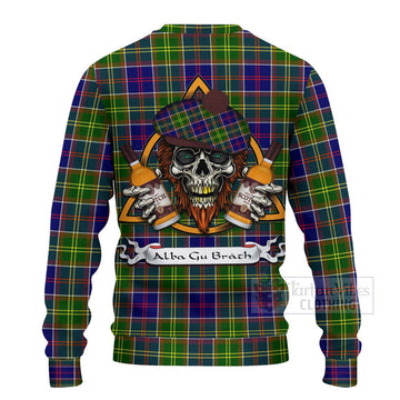 Whitefoord Tartan Ugly Sweater with Family Crest and Bearded Skull Holding Bottles of Whiskey