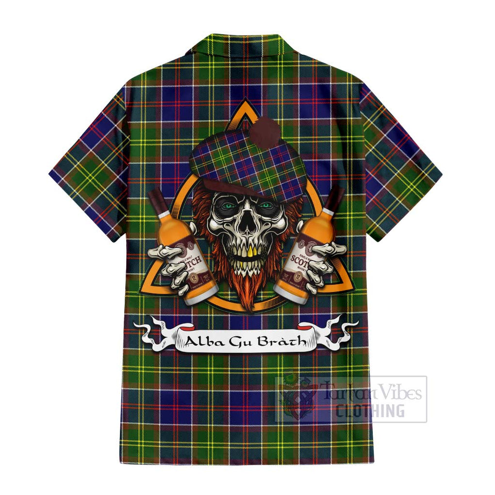 Tartan Vibes Clothing Whitefoord Tartan Short Sleeve Button Shirt with Family Crest and Bearded Skull Holding Bottles of Whiskey