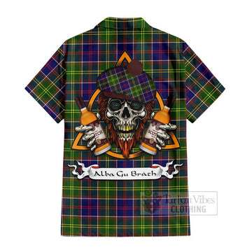 Whitefoord Tartan Short Sleeve Button Shirt with Family Crest and Bearded Skull Holding Bottles of Whiskey