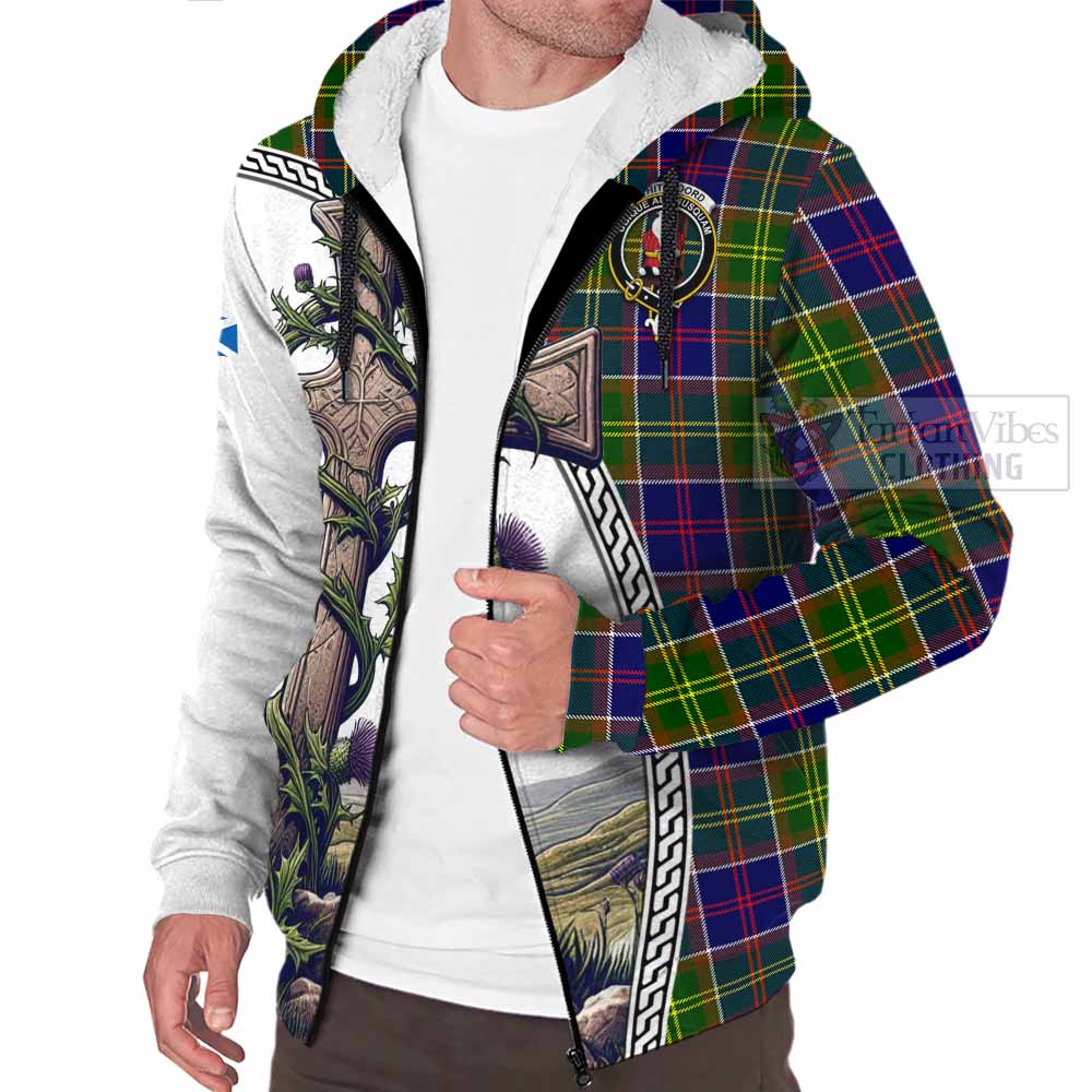 Tartan Vibes Clothing Whitefoord Tartan Sherpa Hoodie with Family Crest and St. Andrew's Cross Accented by Thistle Vines