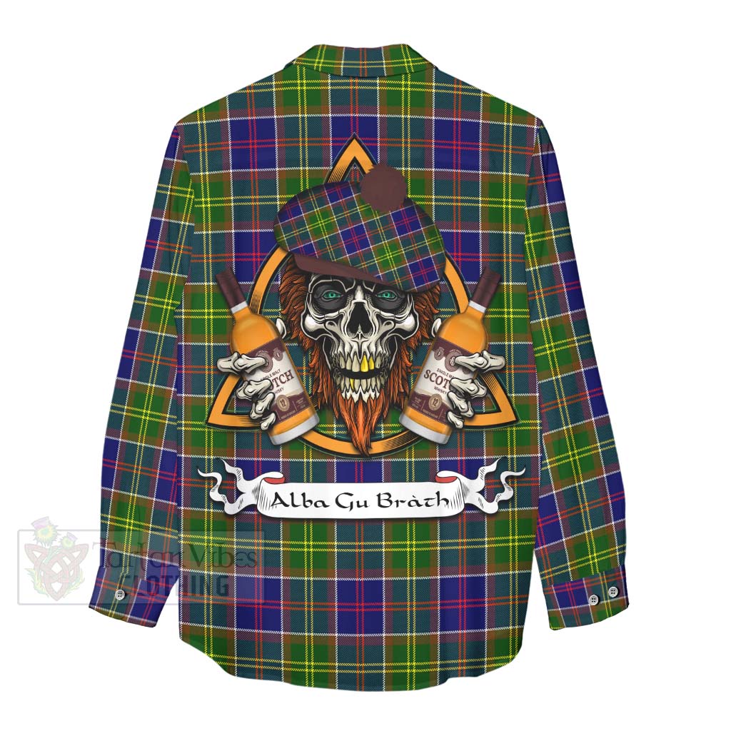 Tartan Vibes Clothing Whitefoord Tartan Women's Casual Shirt with Family Crest and Bearded Skull Holding Bottles of Whiskey