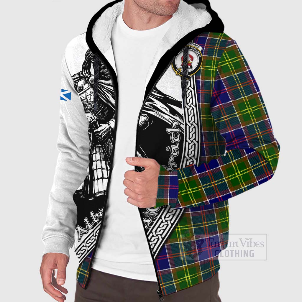 Tartan Vibes Clothing Whitefoord Tartan Clan Crest Sherpa Hoodie with Highlander Warrior Celtic Style