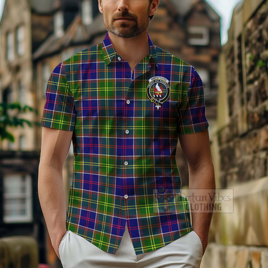 Tartan Vibes Clothing Whitefoord Tartan Short Sleeve Button Shirt with Family Crest and Bearded Skull Holding Bottles of Whiskey