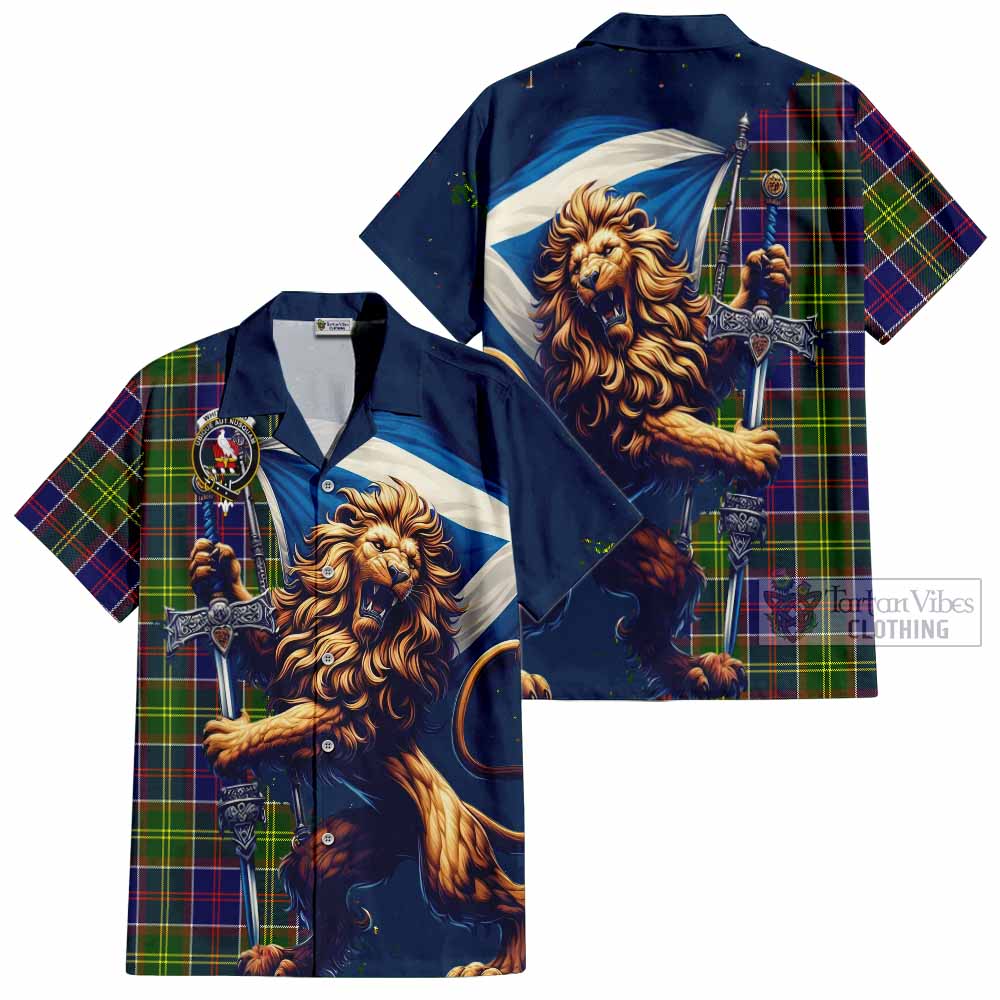 Tartan Vibes Clothing Whitefoord Tartan Family Crest Short Sleeve Button Shirt with Scottish Majestic Lion