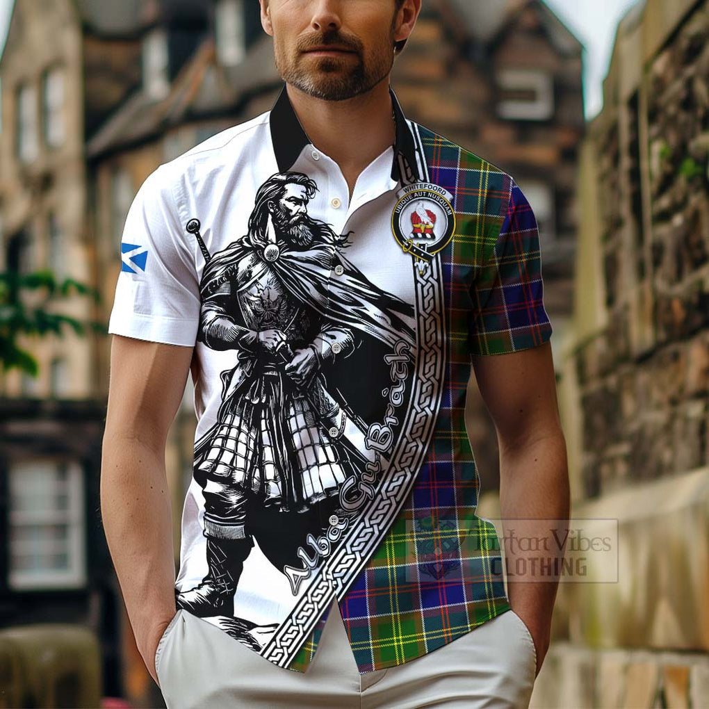 Tartan Vibes Clothing Whitefoord Tartan Clan Crest Short Sleeve Button Shirt with Highlander Warrior Celtic Style