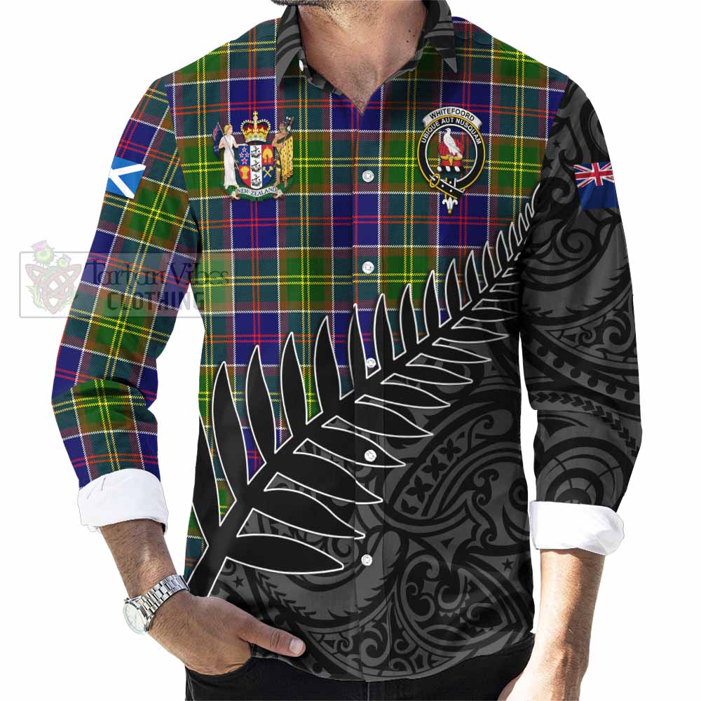 Tartan Vibes Clothing Whitefoord Crest Tartan Long Sleeve Button Shirt with New Zealand Silver Fern Half Style