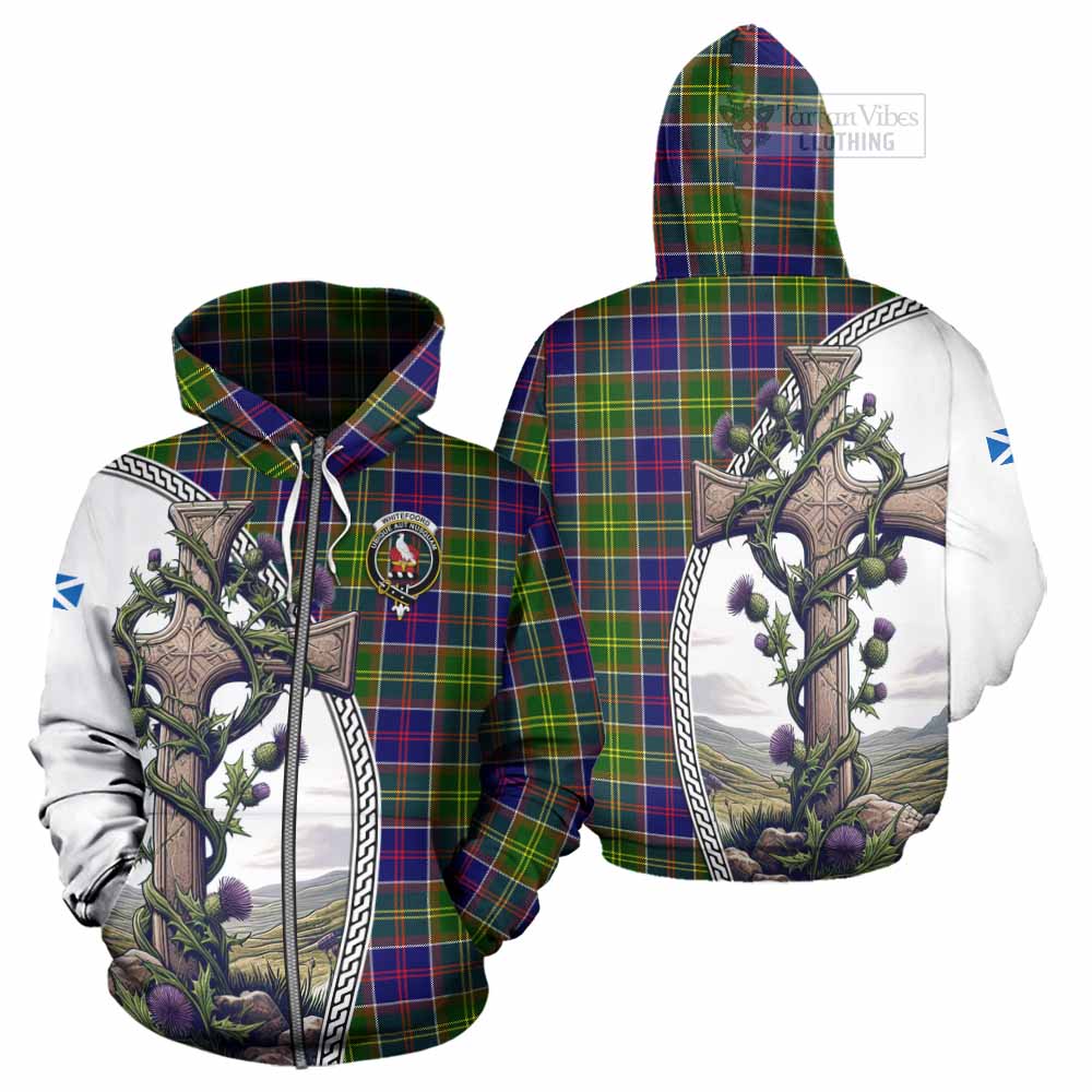 Tartan Vibes Clothing Whitefoord Tartan Hoodie with Family Crest and St. Andrew's Cross Accented by Thistle Vines