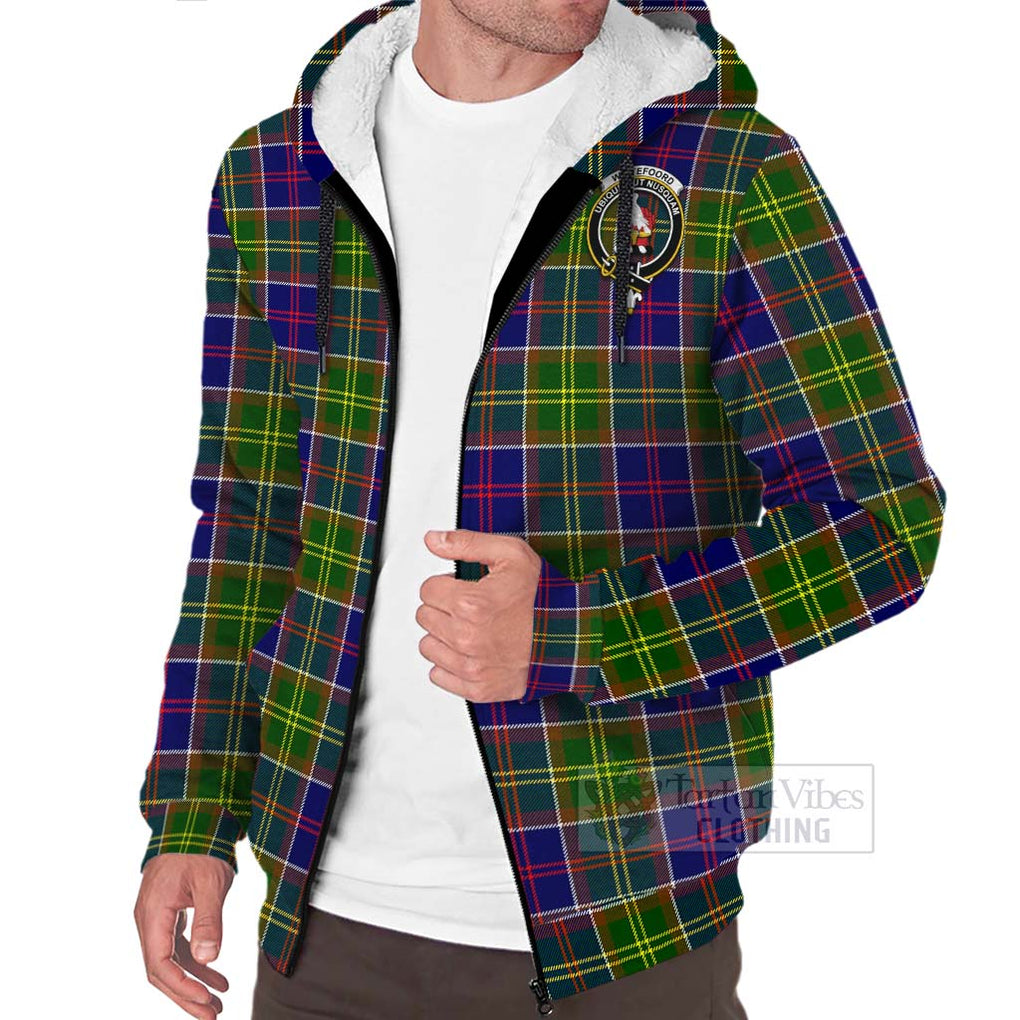 Tartan Vibes Clothing Whitefoord Tartan Sherpa Hoodie with Family Crest and Bearded Skull Holding Bottles of Whiskey