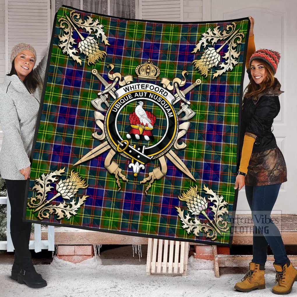 Tartan Vibes Clothing Whitefoord Tartan Quilt with Family Crest and Scottish Golden Courage Shield