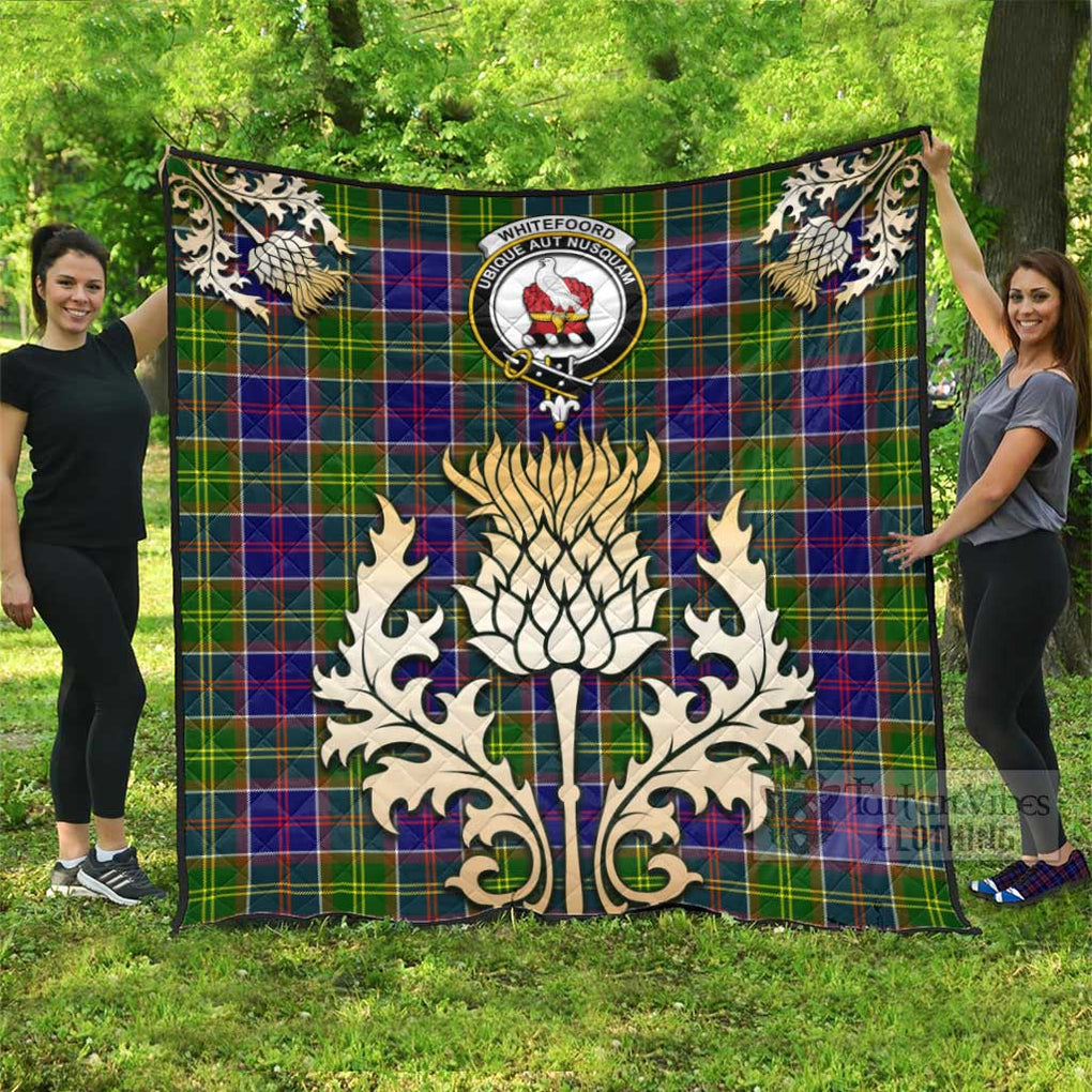 Tartan Vibes Clothing Whitefoord Tartan Quilt with Family Crest and Golden Thistle Style