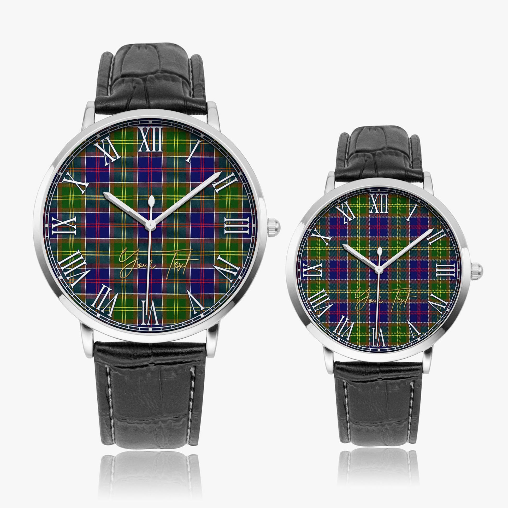 Whitefoord modern Tartan Personalized Your Text Leather Trap Quartz Watch Ultra Thin Silver Case With Black Leather Strap - Tartanvibesclothing Shop