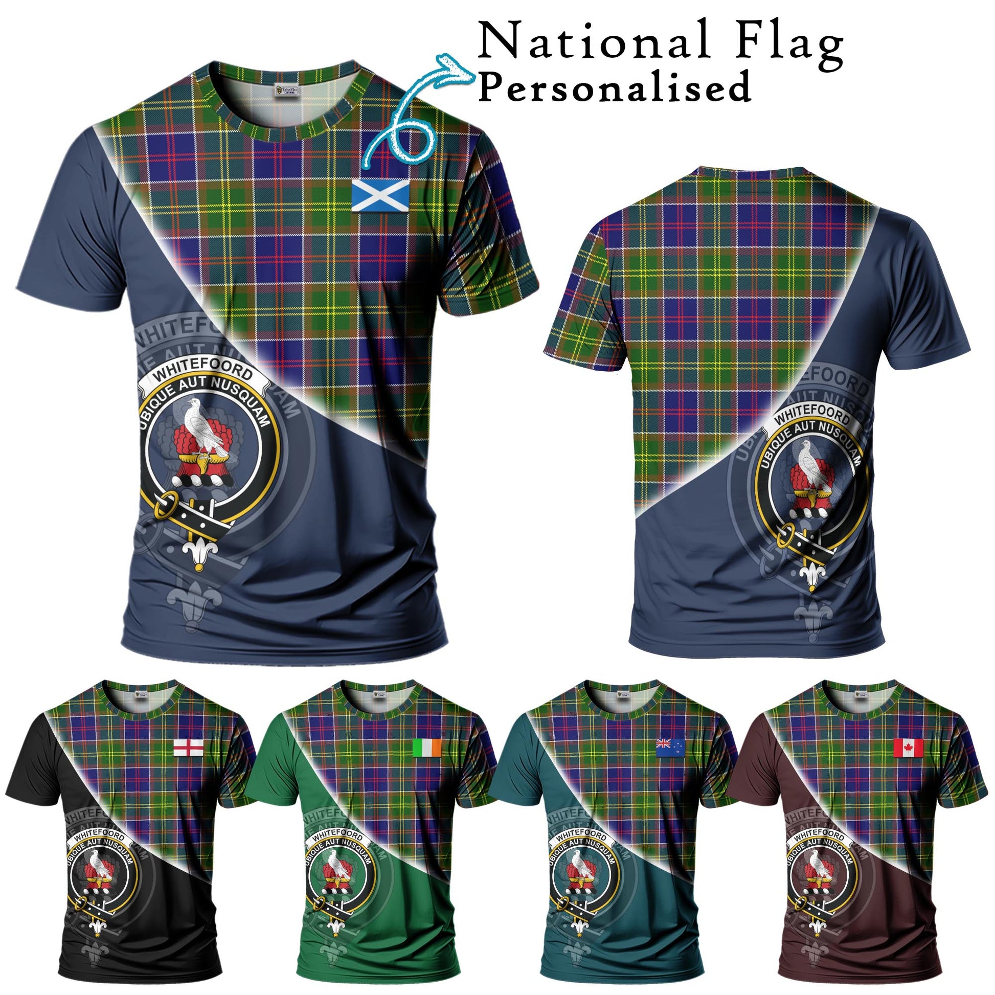 Tartan Vibes Clothing Whitefoord Modern Tartan T-Shirt with Personalised National Flag and Family Crest Half Style