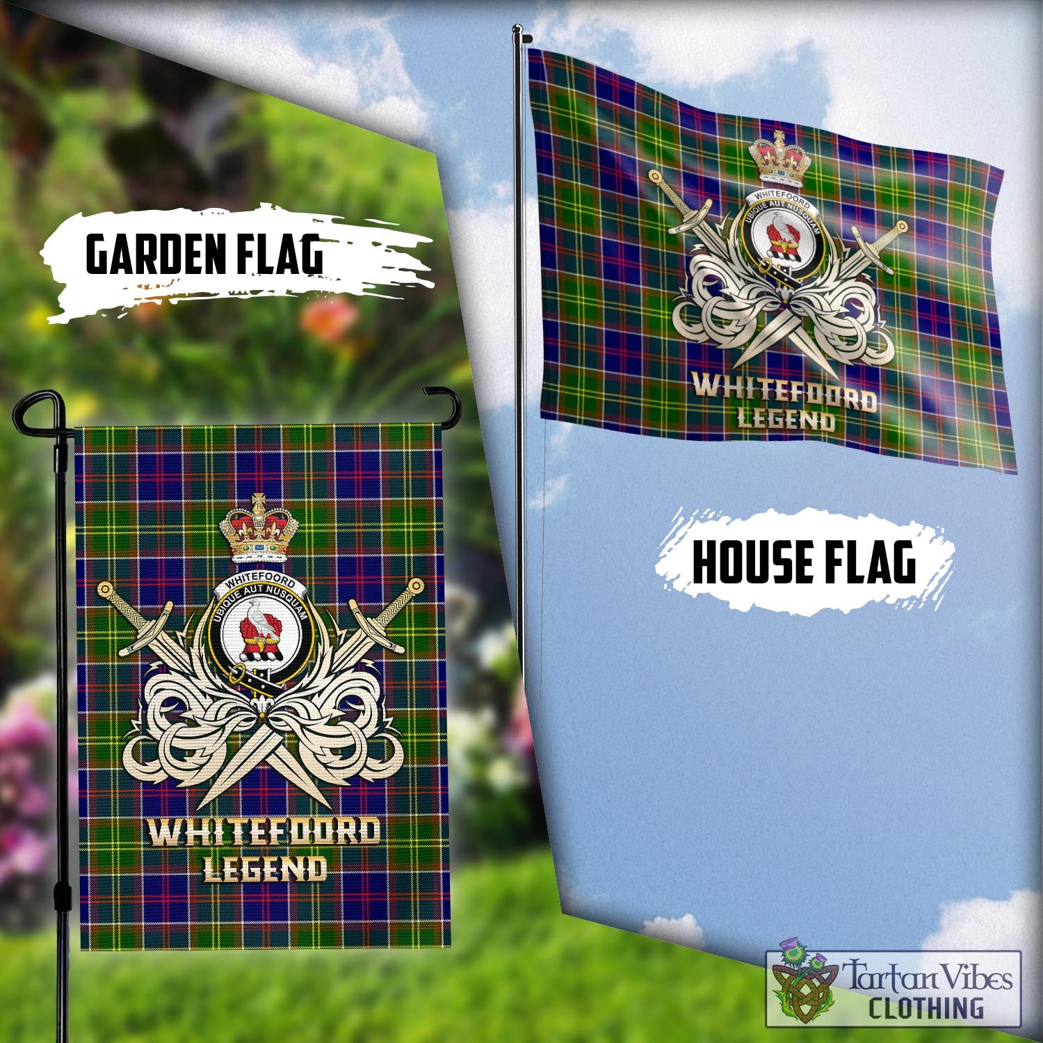 Tartan Vibes Clothing Whitefoord Modern Tartan Flag with Clan Crest and the Golden Sword of Courageous Legacy