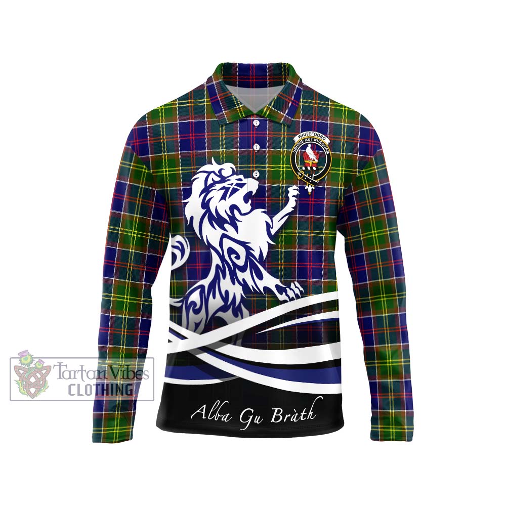 Whitefoord Tartan Long Sleeve Polo Shirt with Alba Gu Brath Regal Lion Emblem Unisex - Tartanvibesclothing Shop