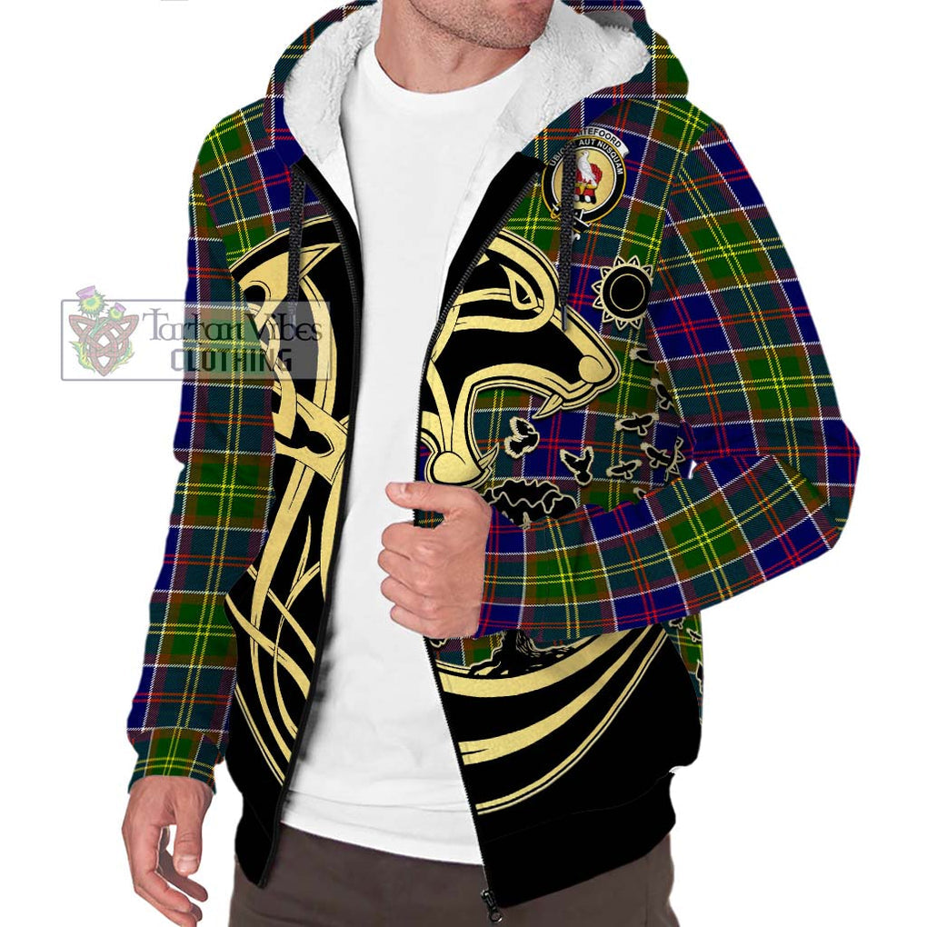 Whitefoord Tartan Sherpa Hoodie with Family Crest Celtic Wolf Style Unisex S - Tartan Vibes Clothing