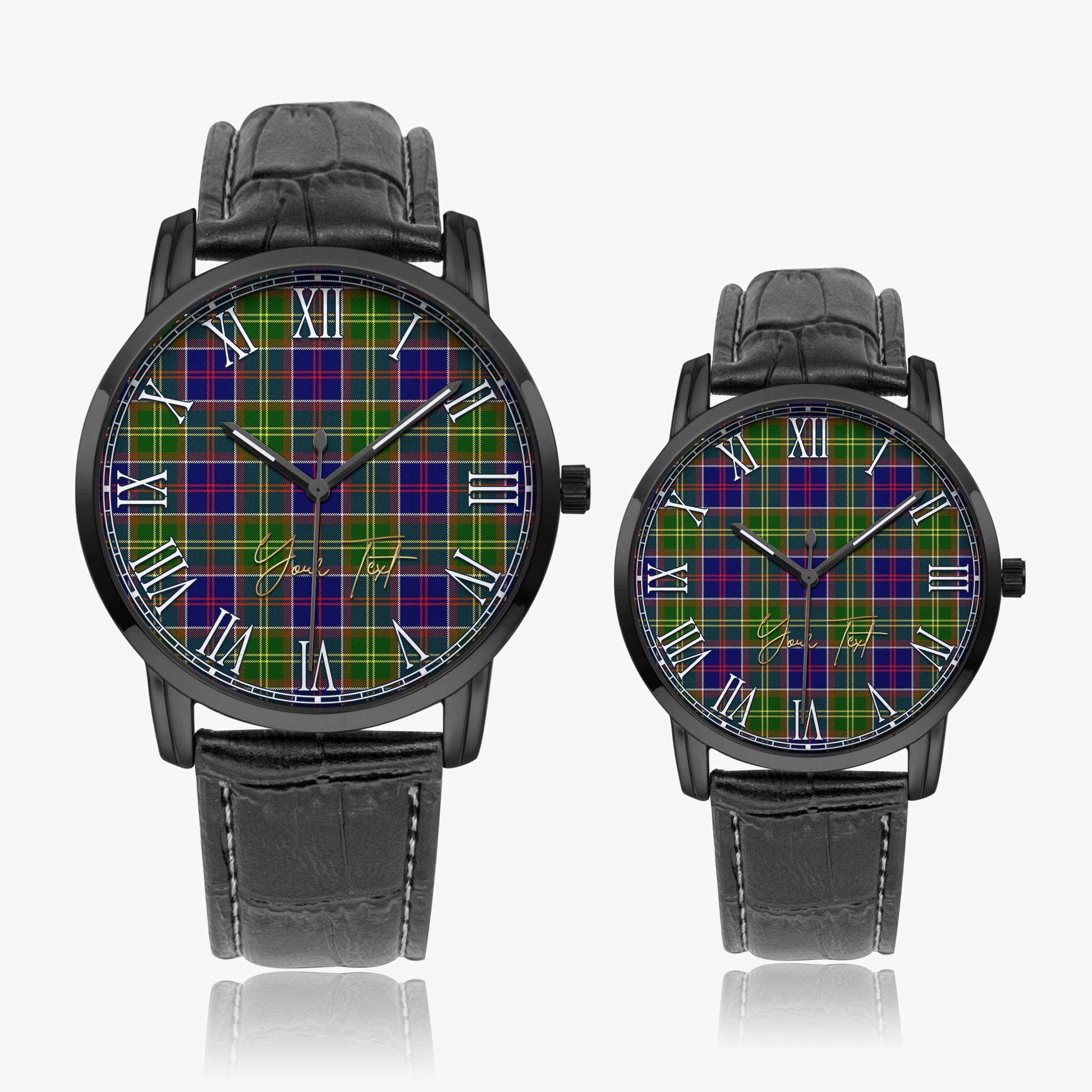 Whitefoord modern Tartan Personalized Your Text Leather Trap Quartz Watch Wide Type Black Case With Black Leather Strap - Tartanvibesclothing Shop