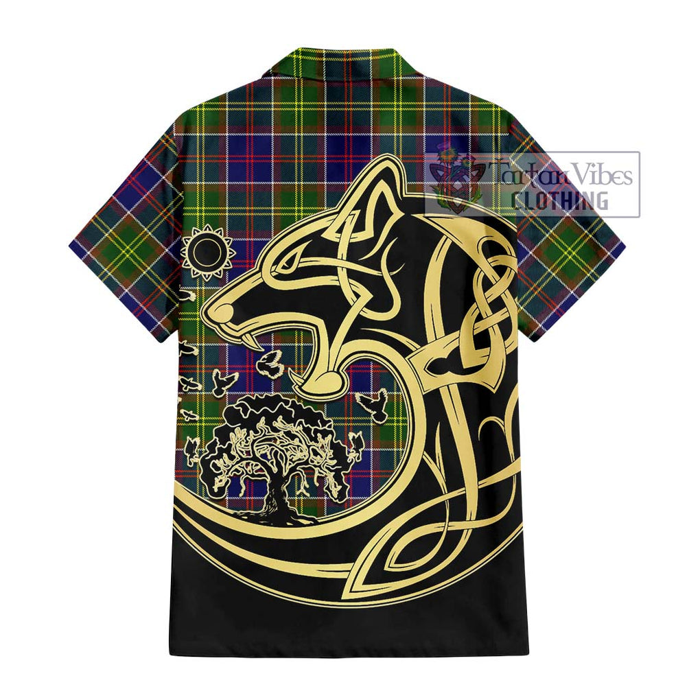 Whitefoord Tartan Short Sleeve Button Shirt with Family Crest Celtic Wolf Style - Tartan Vibes Clothing