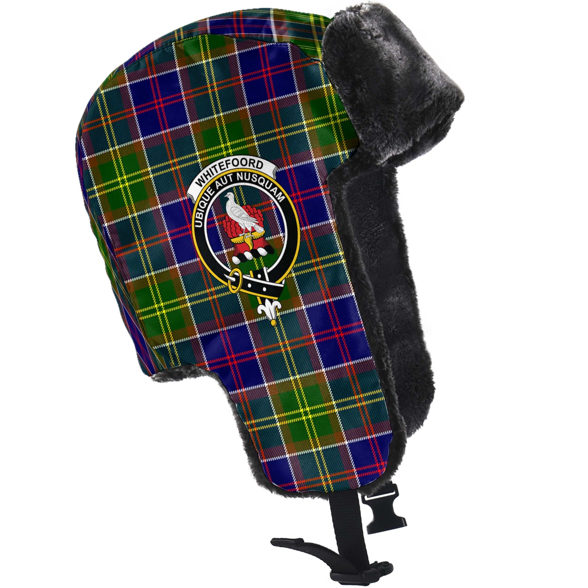 Whitefoord Modern Tartan Winter Trapper Hat with Family Crest - Tartanvibesclothing