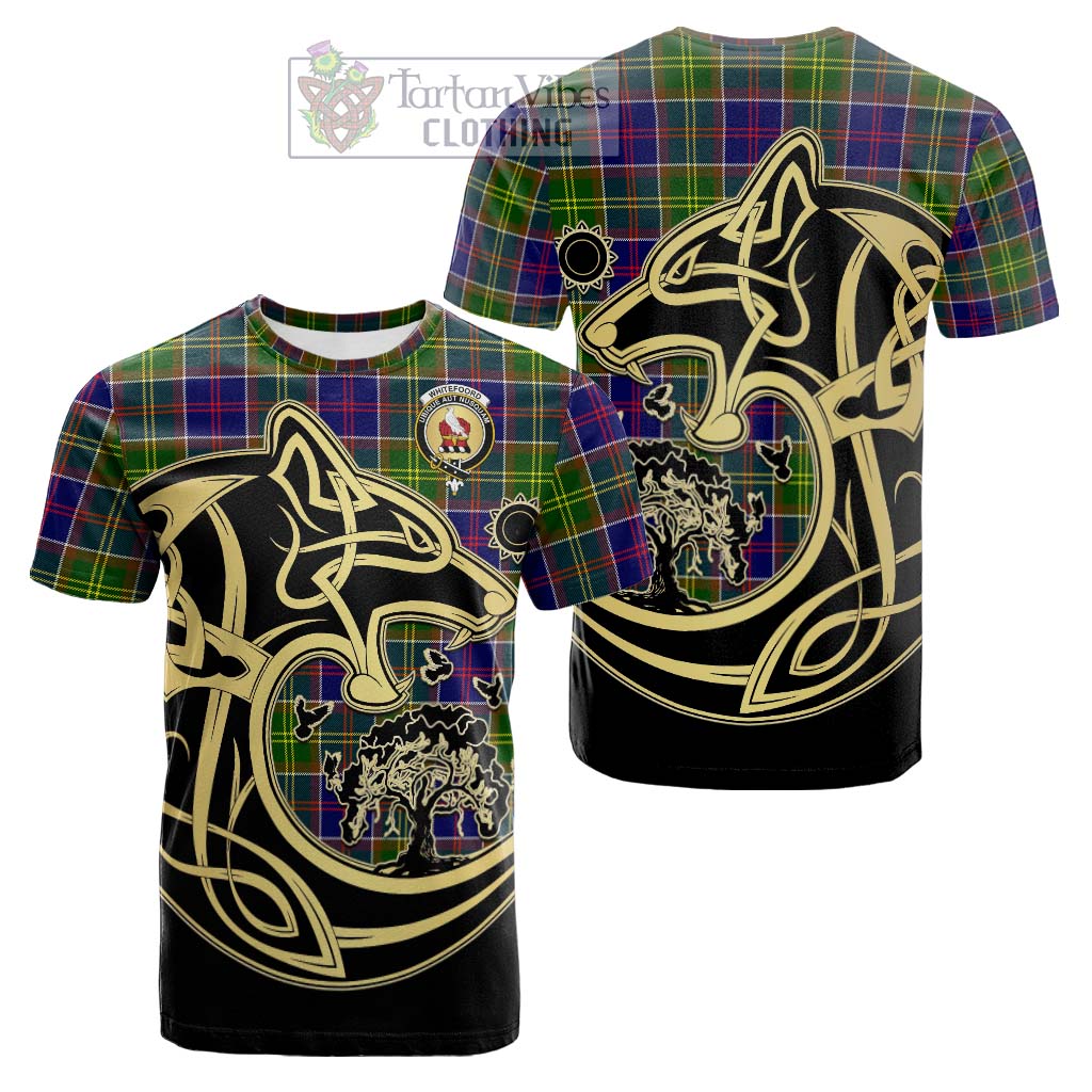 Tartan Vibes Clothing Whitefoord Modern Tartan Cotton T-shirt with Family Crest Celtic Wolf Style