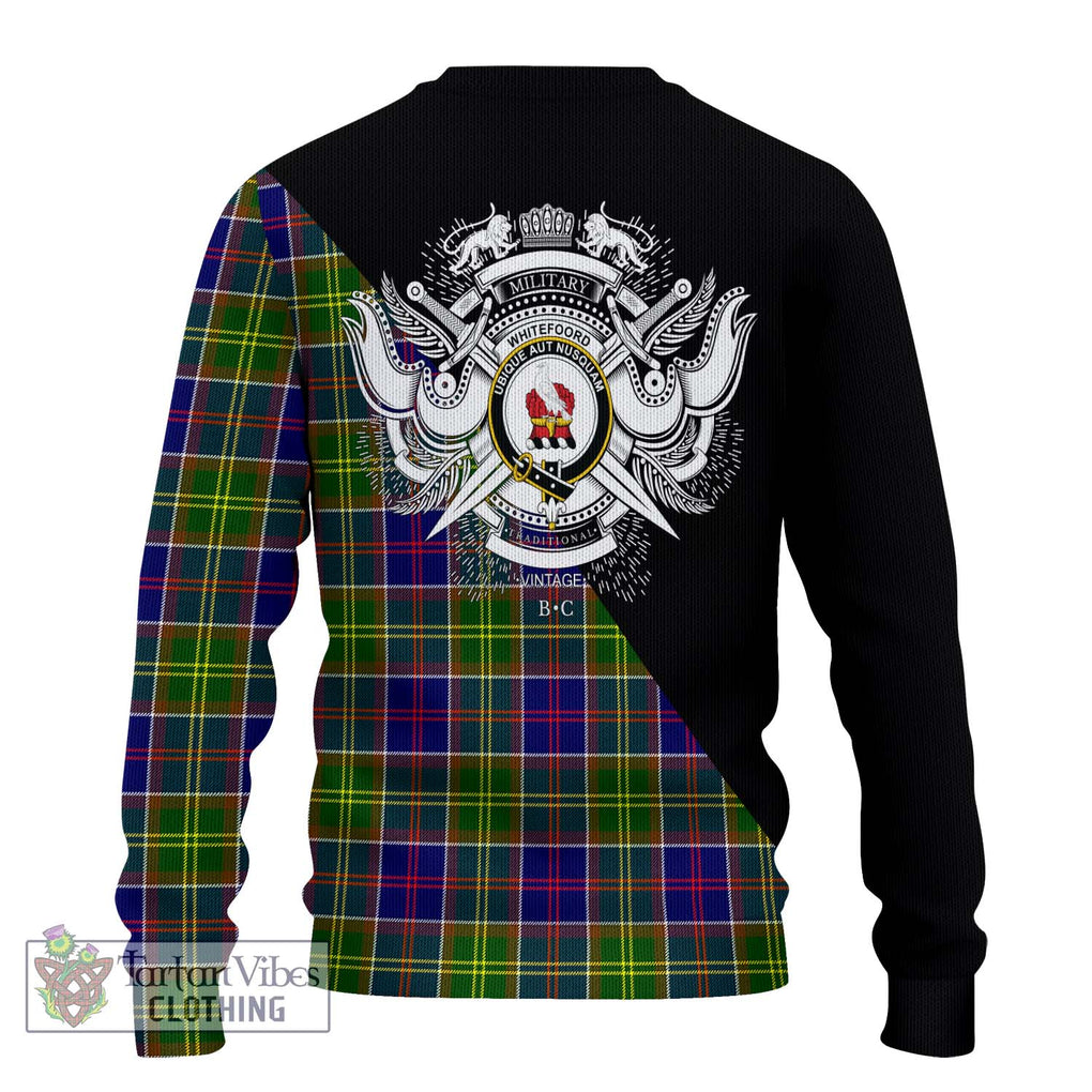 Whitefoord Tartan Knitted Sweater with Family Crest and Military Logo Style - Tartanvibesclothing Shop